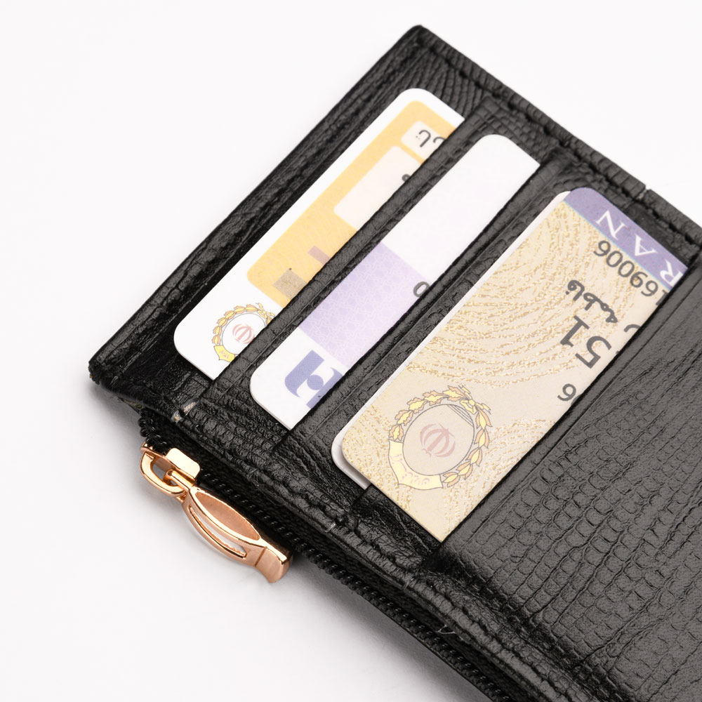 کیف پول زنانه کوچک زیپدار چرم مشکی لیزارد