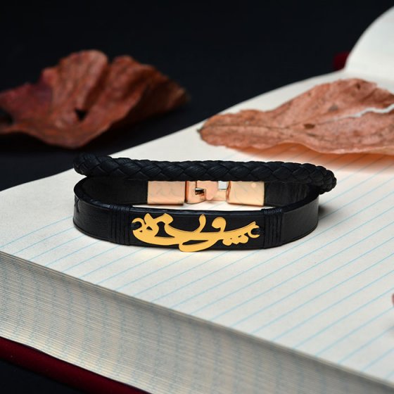دستبند طلا چرم با پلاک اسم پونه