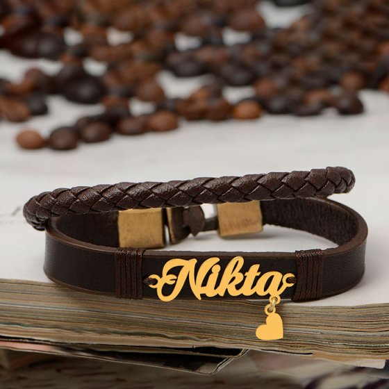 دستبند طلا چرم با پلاک اسم نیکتا