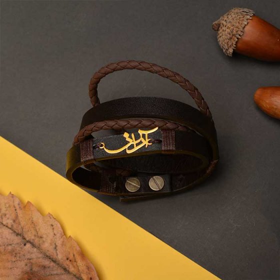 دستبند طلا چرم با پلاک اسم آران