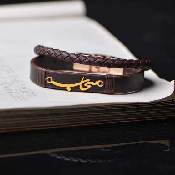 دستبند طلا چرم با پلاک اسم سحاب