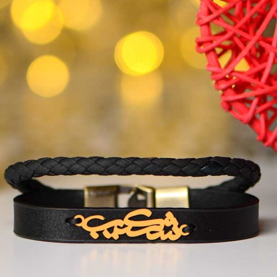 دستبند طلا چرم با پلاک اسم شکیب