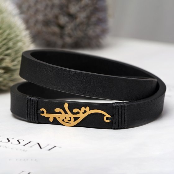 دستبند طلا چرم با پلاک اسم یاسین