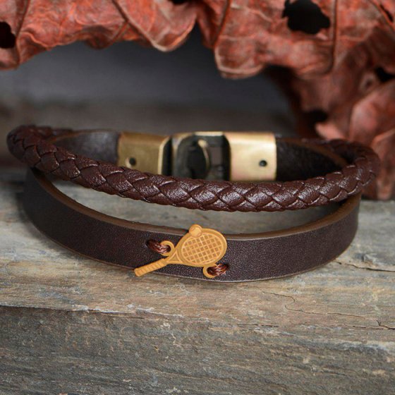 دستبند طلا چرم با پلاک طرح بدمینتون