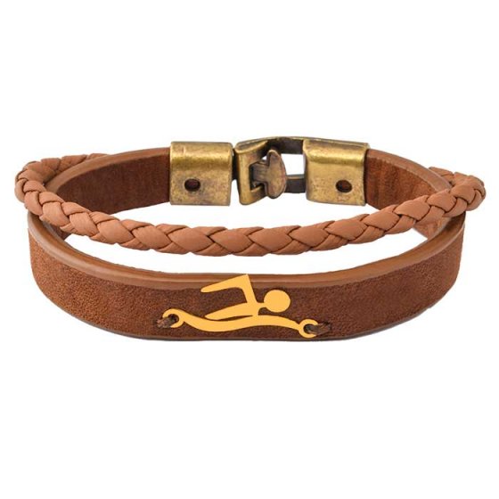 دستبند طلا چرم با پلاک طرح شناگر
