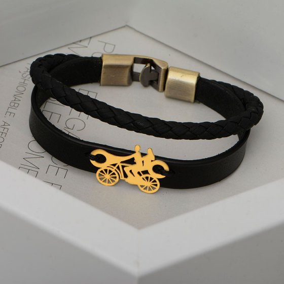 دستبند طلا چرم با پلاک طرح موتور