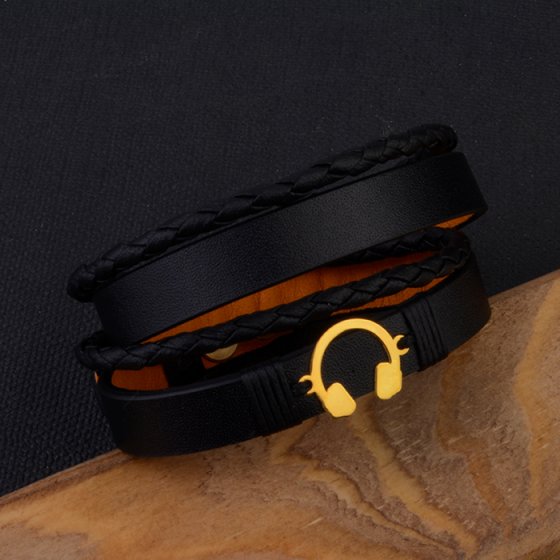 دستبند طلا چرم با پلاک طرح هدفون