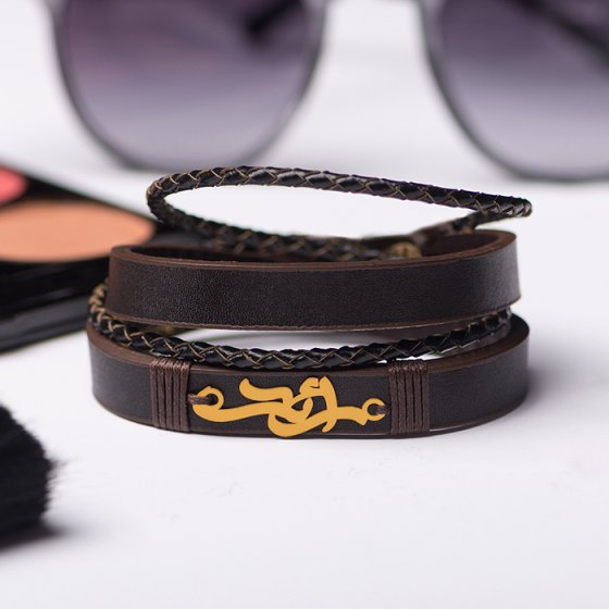 دستبند طلا چرم با پلاک اسم رائد