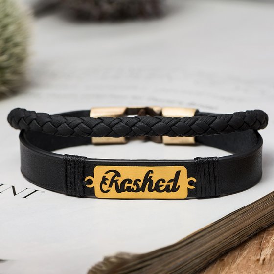 دستبند طلا چرم با پلاک راشد