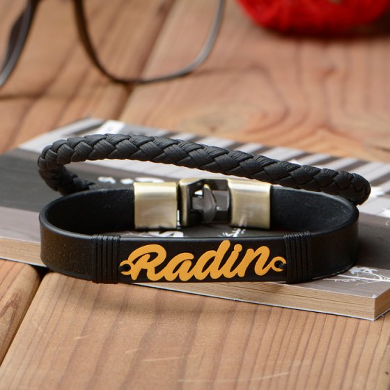 دستبند طلا چرم پلاک رادین