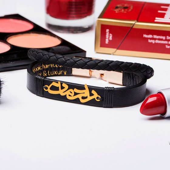 دستبند طلا چرم با پلاک رادمان