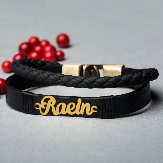 دستبند طلا چرم با پلاک رایین