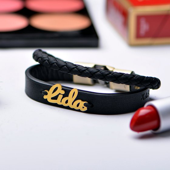 دستبند طلا چرم با پلاک لیدا