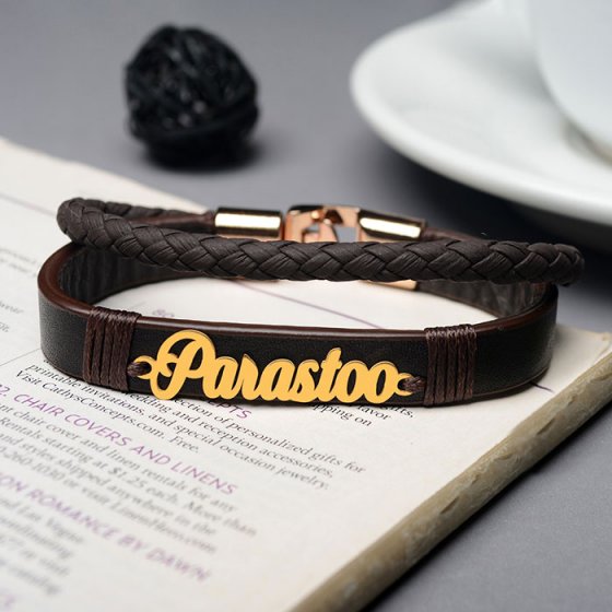 دستبند طلا چرم با اسم پرستو