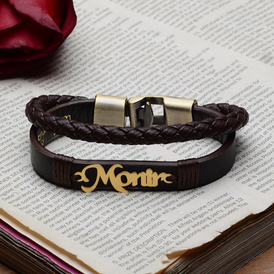 دستبند طلا چرم با پلاک منیر
