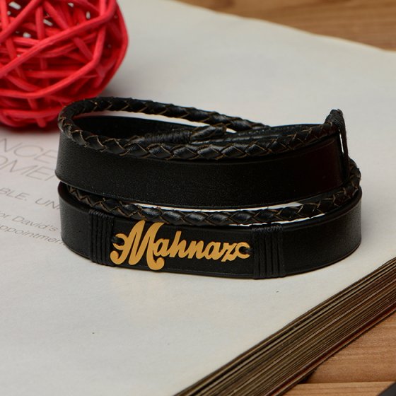 دستبند طلا چرم با پلاک مهناز