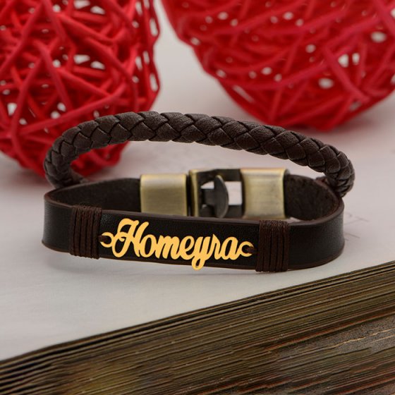 دستبند طلا چرم با پلاک حمیرا