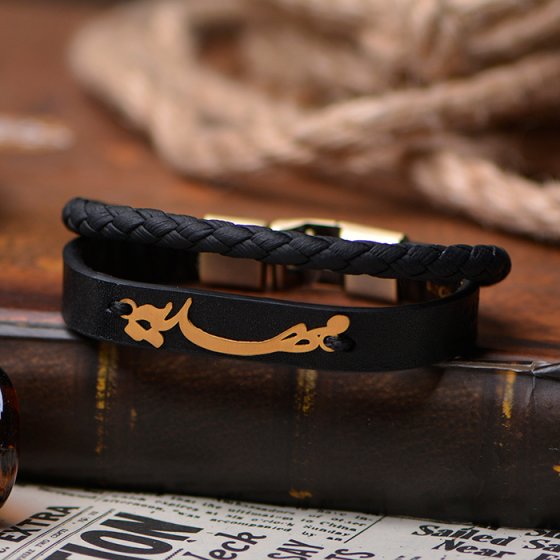 دستبند طلا چرم با پلاک مهدیه