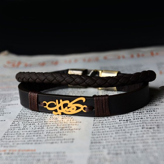 دستبند طلا چرم با پلاک کامیار