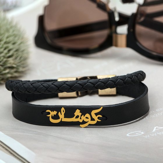 دستبند طلا چرم با اسم کوشان