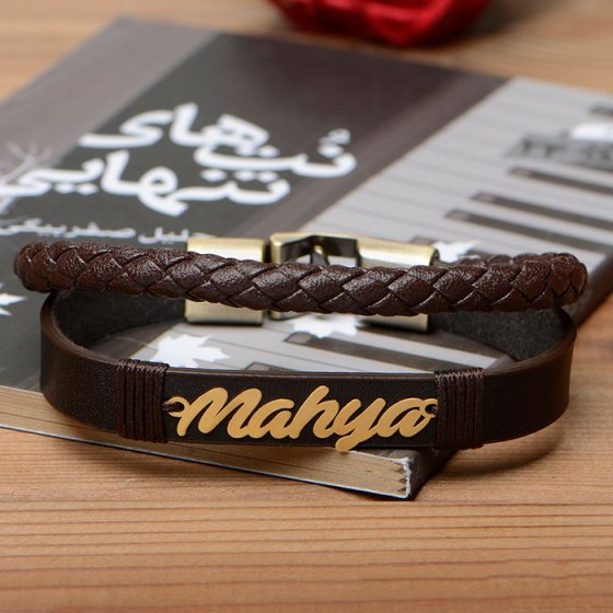 دستبند طلا چرم با پلاک محیا