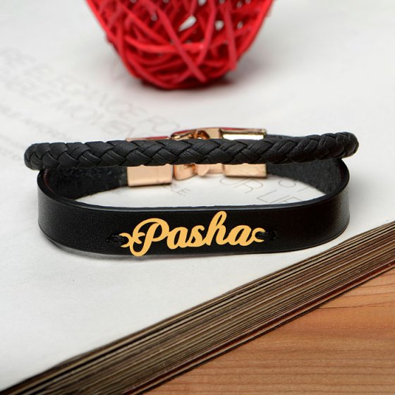 دستبند طلا چرم با اسم پاشا