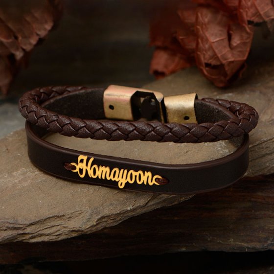 دستبند طلا چرم با پلاک اسم همایون