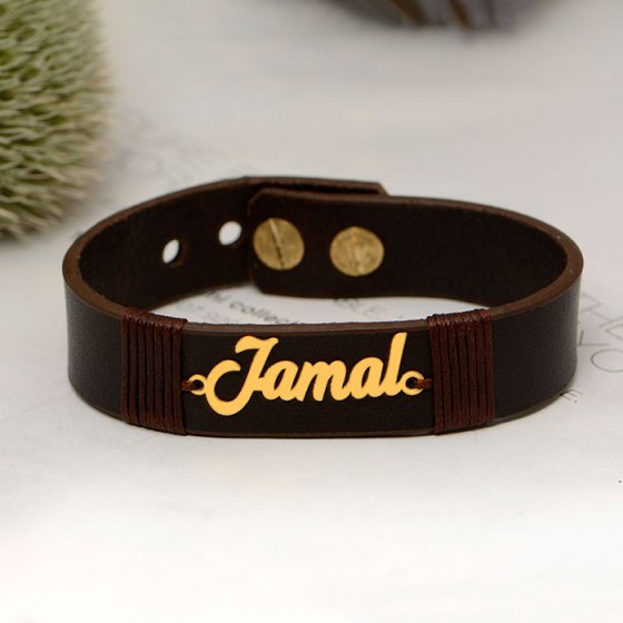 دستبند طلا چرم با اسم جمال