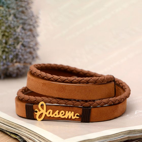 دستبند طلا چرم با پلاک جاسم