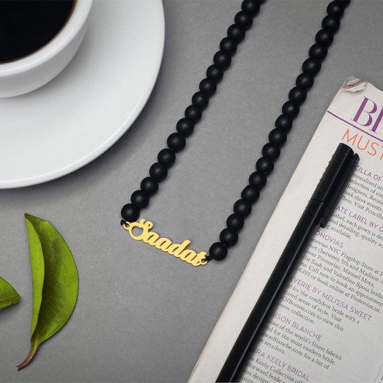 گردنبند اونیکس با پلاک طلا اسم سعادت