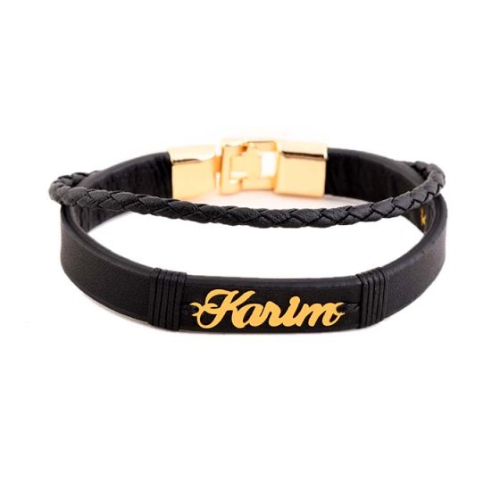 دستبند طلا چرم با پلاک اسم کریم