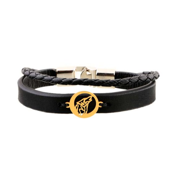 دستبند طلا چرم با پلاک طرح گرگ