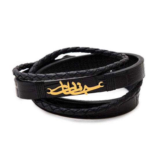 دستبند طلا چرم با پلاک جانان