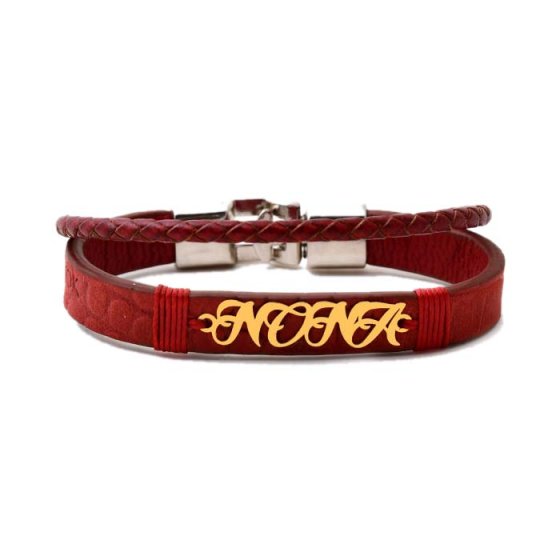 دستبند طلا چرم با پلاک نونا