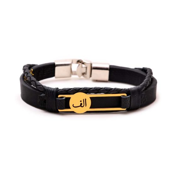 دستبند طلا چرم با پلاک الف
