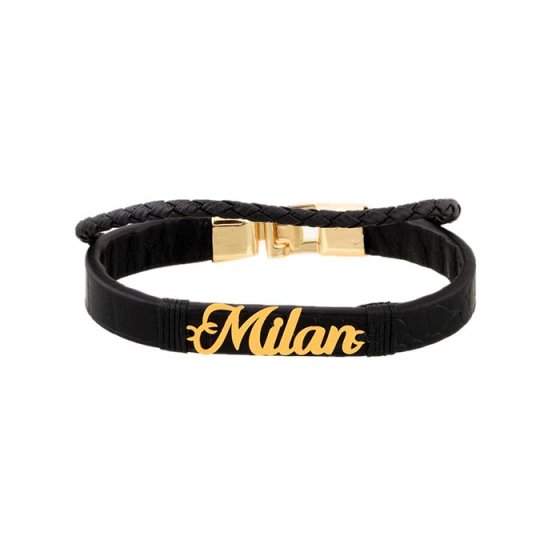دستبند طلا چرم با پلاک اسم میلان