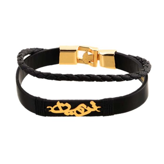 دستبند طلا چرم مردانه با پلاک نریمان