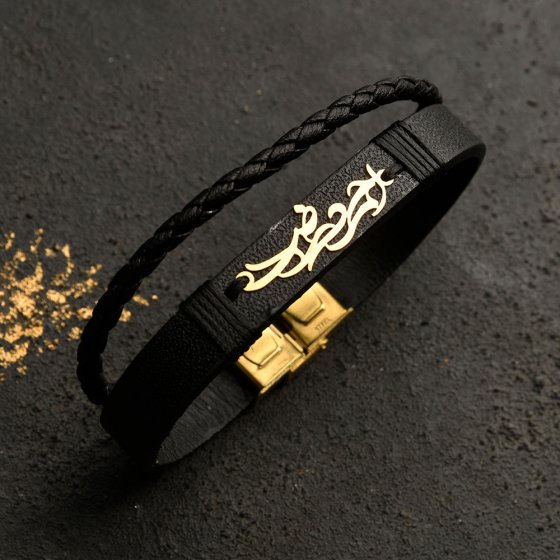 دستبند طلا چرم با پلاک احمدرضا