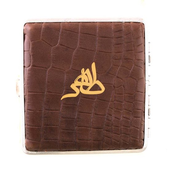 جعبه سیگار چرم و طلا با پلاک اسم طاهر