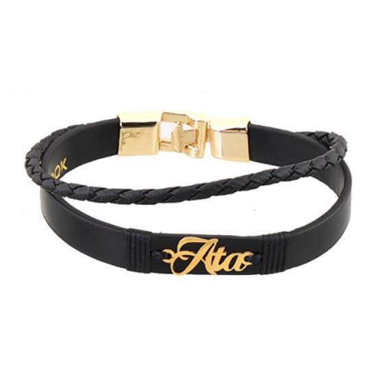 دستبند طلا چرم با پلاک اسم عطا