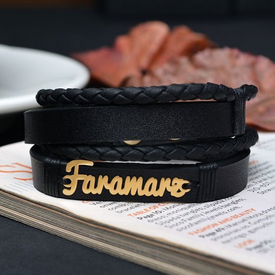 دستبند طلا چرم با پلاک اسم فرامرز