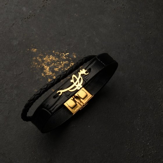 دستبند طلا چرم با پلاک اسم رامین