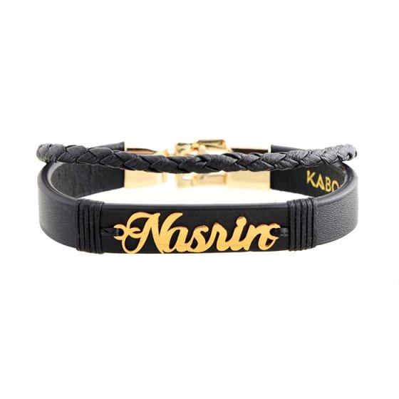 دستبند طلا چرم با پلاک اسم نسرین