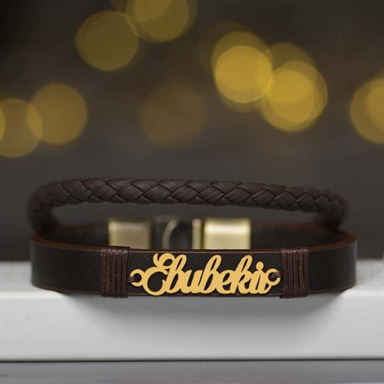 دستبند طلا چرم با پلاک اسم ابوبکر