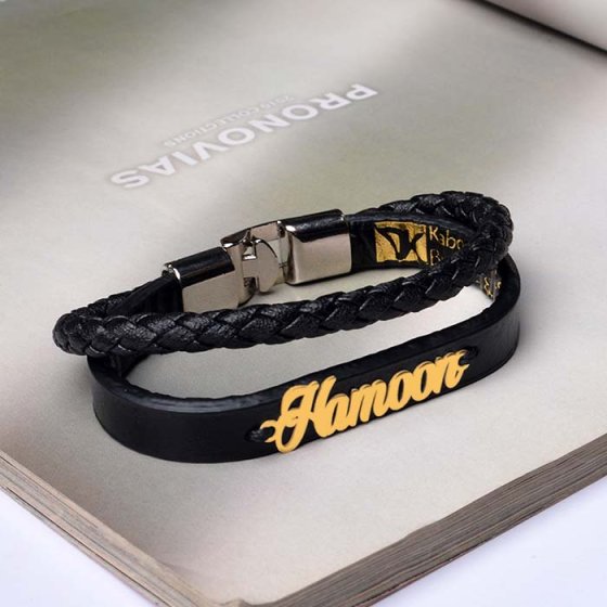 دستبند طلا چرم با پلاک اسم هامون