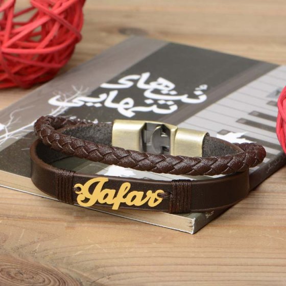 دستبند طلا چرم با پلاک اسم جعفر