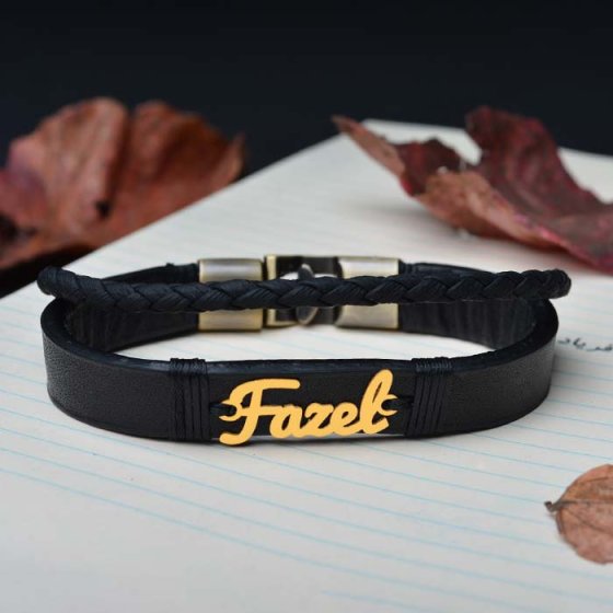 دستبند طلا چرم با پلاک اسم فاضل