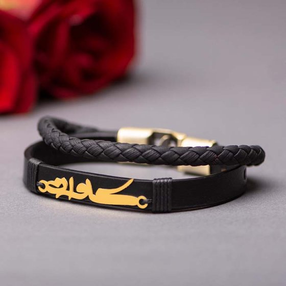 دستبند طلا چرم با پلاک اسم کاوان
