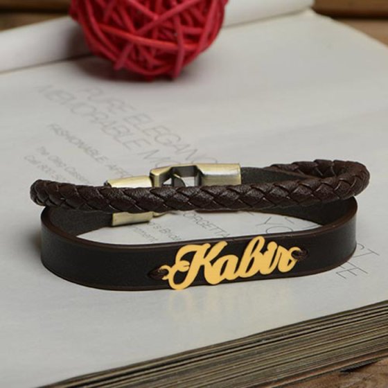دستبند طلا چرم با پلاک اسم کبیر