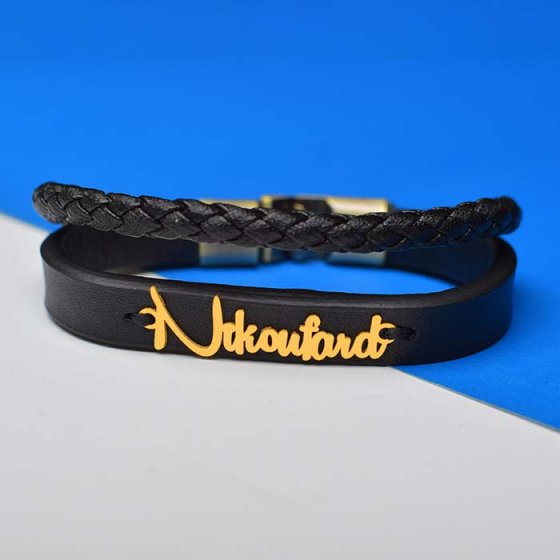 دستبند طلا چرم با پلاک اسم نیکوفرد